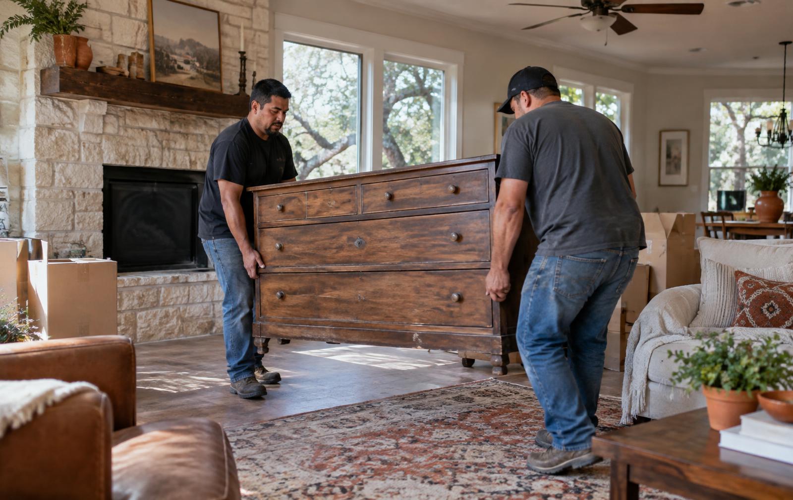Two local movers carry a wooden dresser through a lived-in San Antonio home