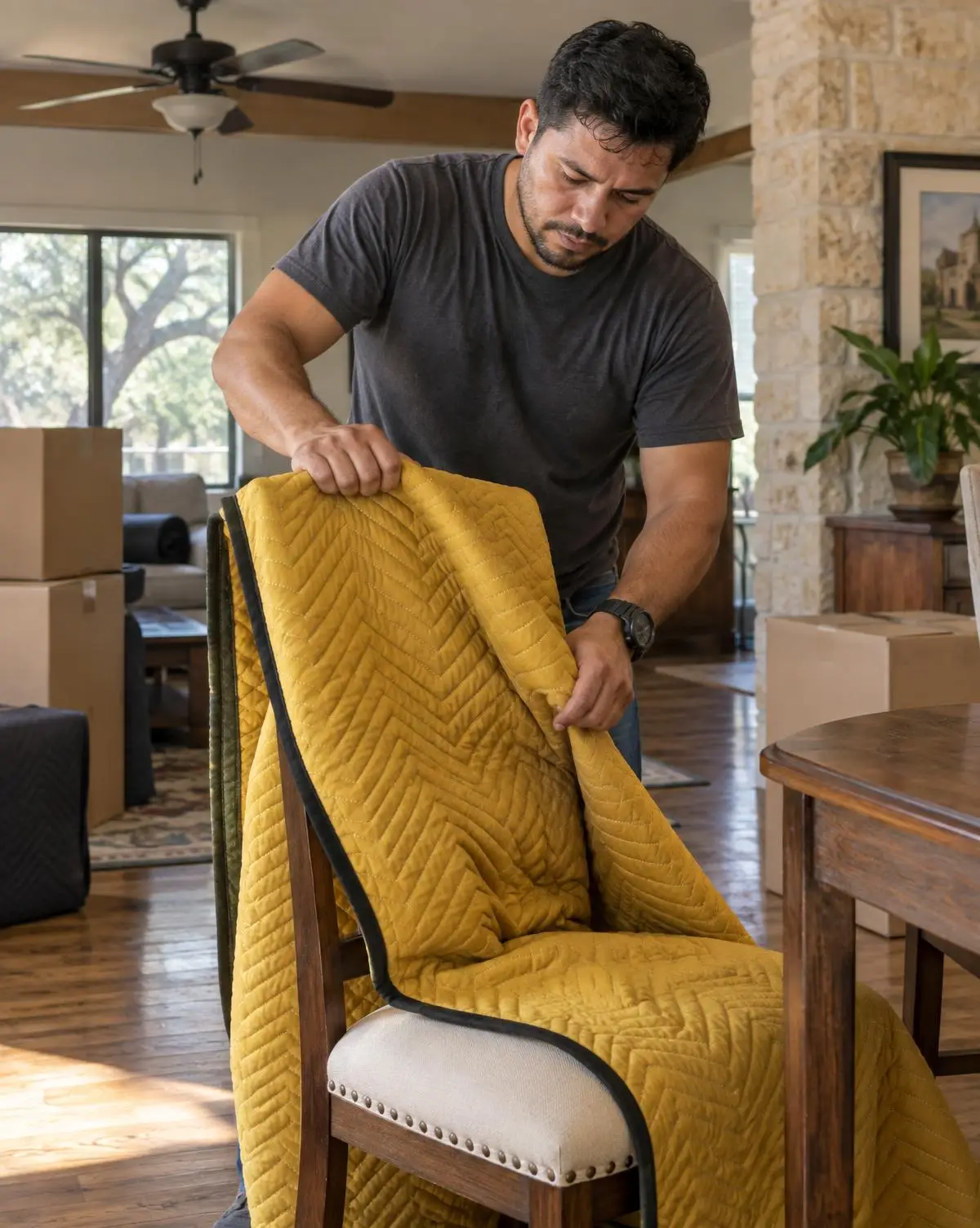 A local mover wraps a dining chair inside a San Antonio home