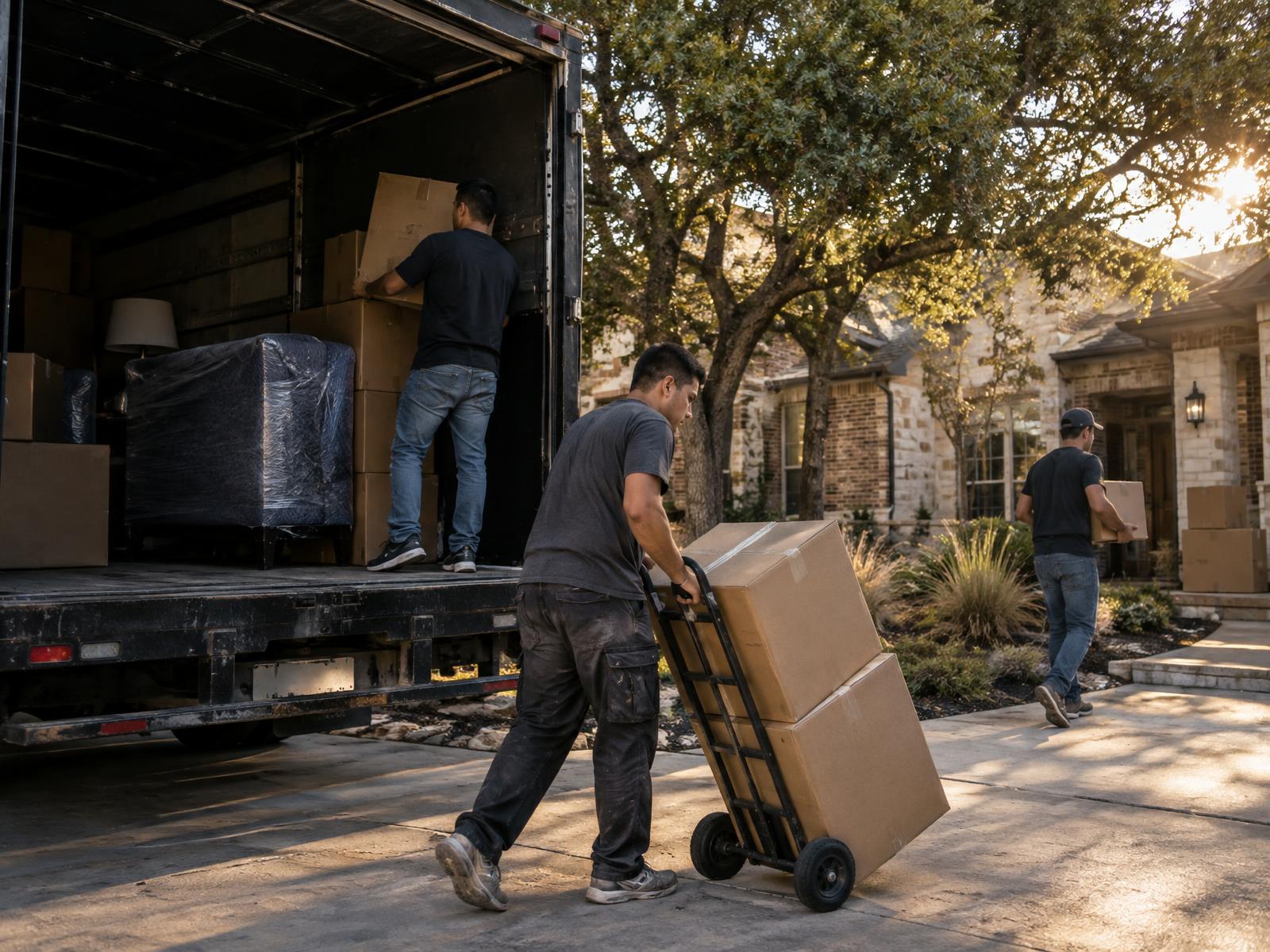 A local moving crew loads a truck outside a Texas limestone and brick home